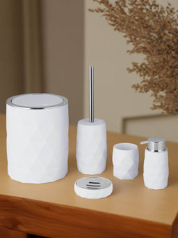 OBSESSIONS - Pvc Solid 5 Pcs Bathroom Set- White Silver