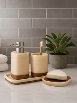 OBSESSIONS - Set Of 4 Cream And Brown Polyresin Bathroom Set