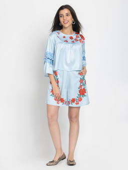 SHAYE - Pale Blue Floral Print Casual Co-Ord for Women (Set of 2)