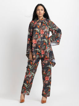 SHAYE - Black Tropical Print Casual Co-Ord for Women (Set of 2)