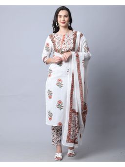 Rajnandini - White Pure Cambric Cotton Jaipuri Printed Kurta With Dupatta (Set of 3)