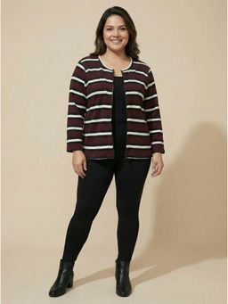 THE PINK MOON - Plus Size Brown and White Striped Zipper Jacket