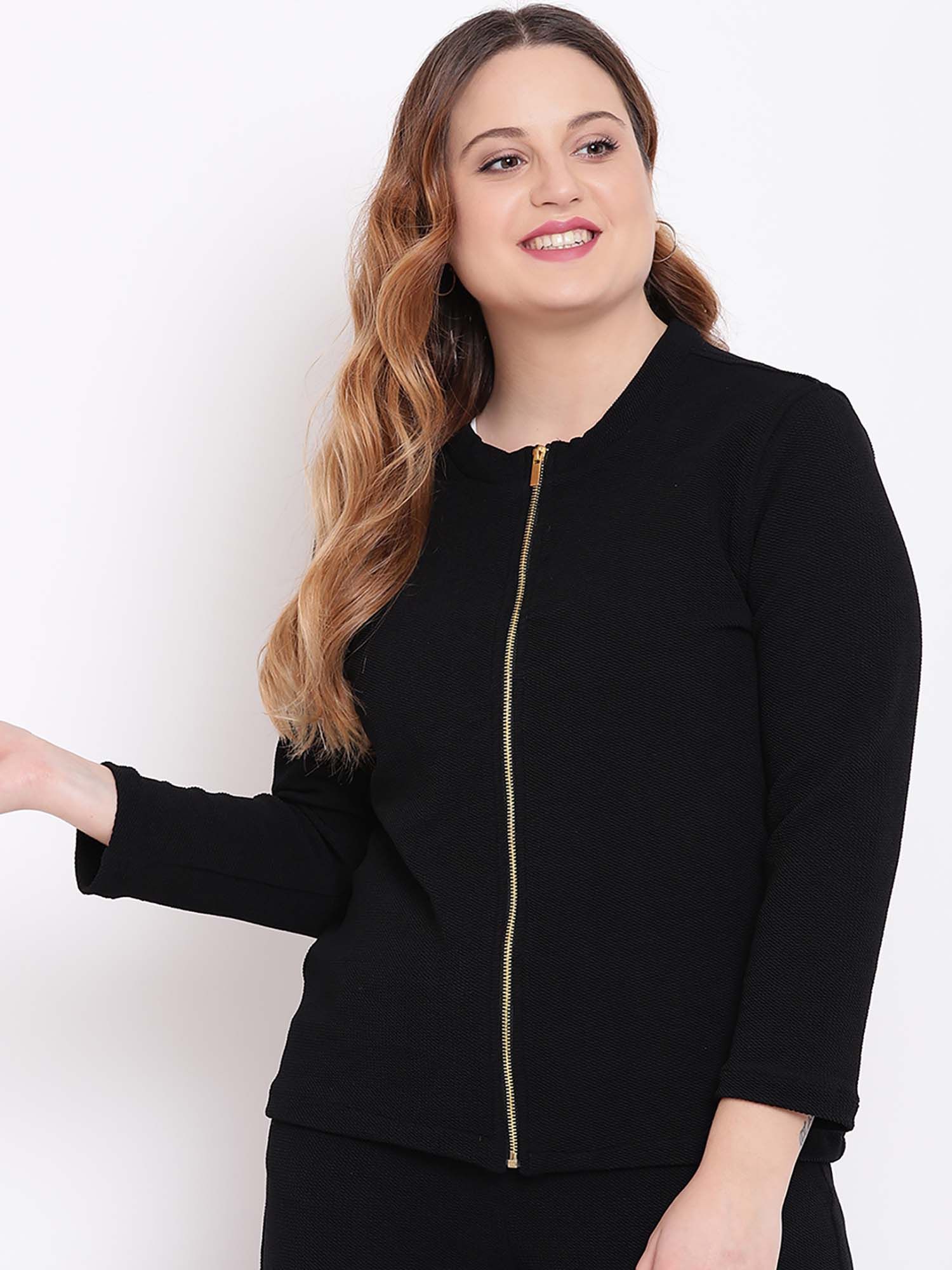 Plus Size Embossed Black Zipper Jacket-picture-23
