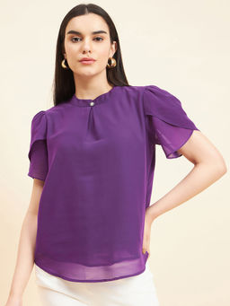 Gipsy - Women Solid Button Georgette Purple Top
