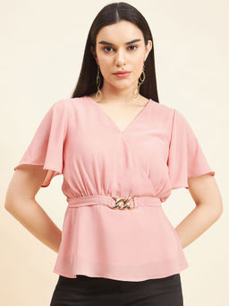 Gipsy - Women Solid Belt Buckle Georgette Light Peach Top