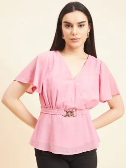 Gipsy - Women Solid Belt Buckle Georgette Pink Top