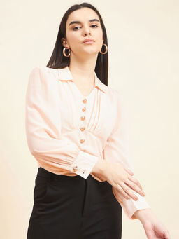 Gipsy - Women Solid Button Georgette Orange Top