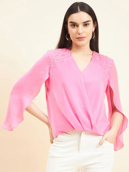 Gipsy - Women Solid Lace Satin Bubble Gum Pink Top