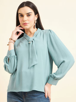 Gipsy - Women Solid Front Tie Georgette Blue Top