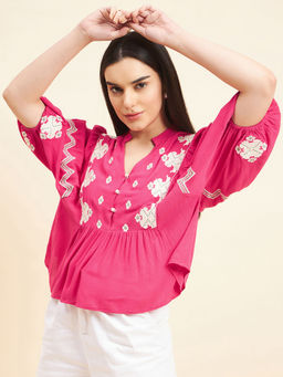 Gipsy - Women Solid Embroidery Rayon Hot Pink Top