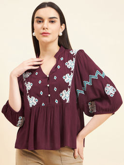 Gipsy - Women Solid Embroidery Rayon Purple Top