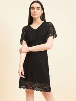 Gipsy - Women Solid Front Frill Knee Lace Black Dress