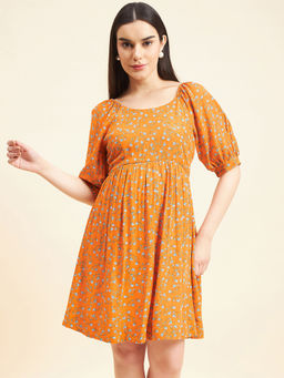 Gipsy - Women Printed Knee Rayon Orange Dress