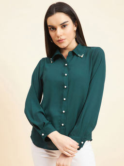 Gipsy - Women Solid Neck Embellishment Georgette Bottle Green Shirt