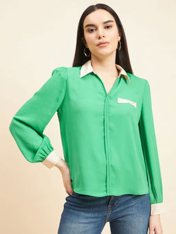 Gipsy - Women Solid Contract Fabric Georgette Emerald Green Top