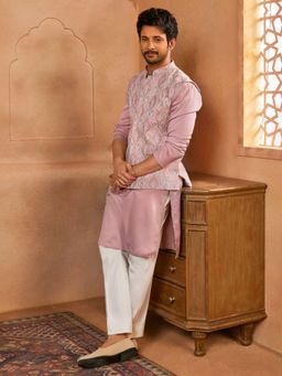 Vastramay - Men Peach Silk Blend Thread Embroidered Kurta and Pyjama with Nehru Jacket