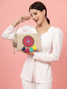 Anekaant - Boho Natural & Multi Crochet Embellished Cotton Canvas Sling Bag