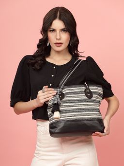 Anekaant - Geomat Black & White Striped Cotton Jacquard Tote Bag