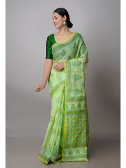 Unnati Silks - Green Pure Block Printed Kota Cotton Saree with Unstitched Blouse