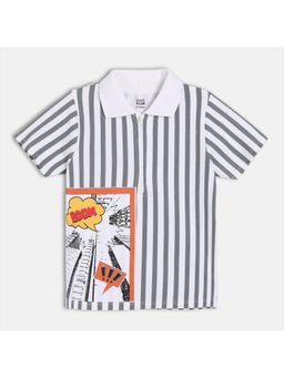 MINI KLUB - Grey & White Cotton Half Sleeve Stripe Printed Polo T-shirt