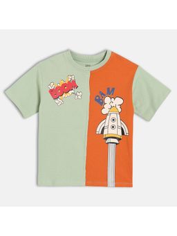 MINI KLUB - Green & Orange Cotton Half Sleeve Text Printed T-shirt