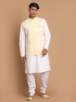 Vastramay - Mens Cream and White Pure Cotton Jacket - Kurta and Pyjama (Set of 3)
