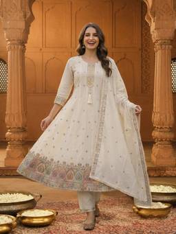 FASHOR - Off White Embroidered Embellished-Sequined Work Anarkali Kurta with Pant and Dupatta