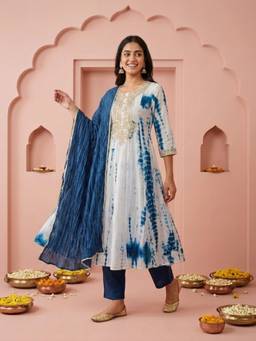 FASHOR - Blue Tie-Dye Embroidered Anarkali Kurta with Pant and Dupatta