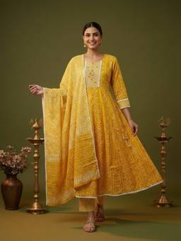FASHOR - Yellow Bandhani Printed Anarkali Kurta with Pant and Dupatta