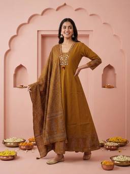 FASHOR - Mustard Printed Embellished-Sequined Work Anarkali Kurta with Pant and Dupatta