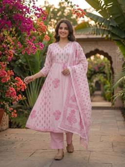 FASHOR - Pink Floral Printed Anarkali Kurta with Pant and Dupatta