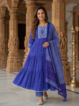 FASHOR - Blue Bandhani Printed Anarkali Kurta with Pant and Dupatta
