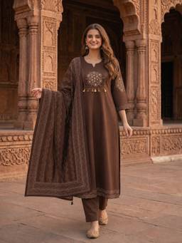 FASHOR - Brown Printed Embellished-Sequined Work Anarkali Kurta with Pant and Dupatta
