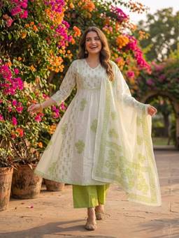 FASHOR - Off White-Green Floral Printed Anarkali Kurta with Pant and Dupatta