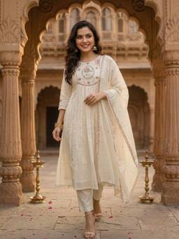 FASHOR - Cream Floral Embroidered Anarkali Kurta with Pant and Dupatta