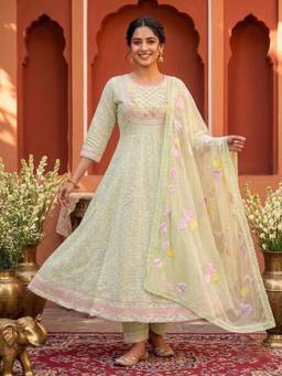 FASHOR - Pista Green Floral Embroidered Anarkali Kurta with Pant and Dupatta