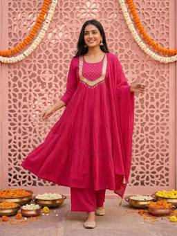 FASHOR - Fuchsia Pink Printed Tassels Anarkali Kurta with Pant and Dupatta