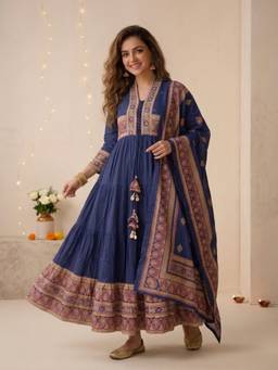 FASHOR - Navy Blue Floral Printed Anarkali Kurta with Pant and Dupatta