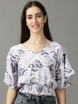 SHOWOFFFF - Womens Half Sleeves V-Neck Purple Printed Top