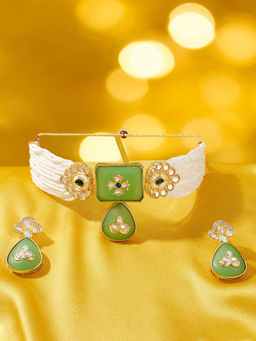 Zaveri Pearls - Green Stones Multistrand Beaded Choker Jewellery Set