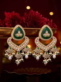 Zaveri Pearls - Green Stones Beads Kundan Traditional Dangler Earrings