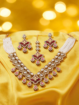 Zaveri Pearls - Pink Stones Multistrand Beaded Kundan Jewellery Set