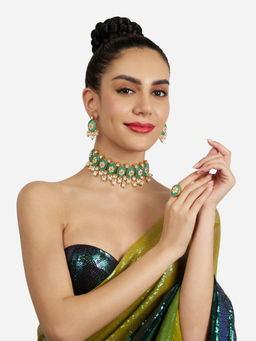 Zaveri Pearls - Green and Pink Stones Beads Choker Jewellery Set