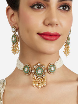 Zaveri Pearls - Mint Green Stones Diamonds Multistrand Jewellery Set
