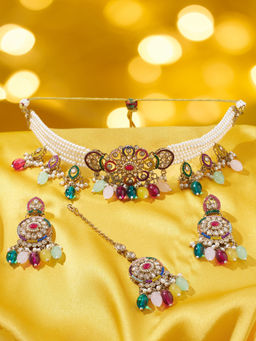 Zaveri Pearls - Multi-Color Stones and Pearls Choker Jewellery Set