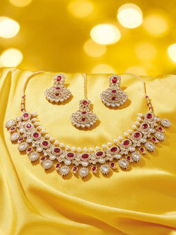 Zaveri Pearls - Pink Stones Studded Pearls Jewellery Set