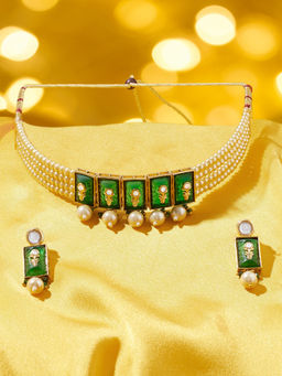 Zaveri Pearls - Green Stones Multistrand Ethnic Choker Jewellery Set