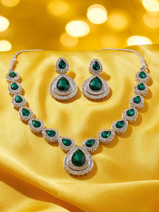 Zaveri Pearls Green Stones Austrian Diamond Jewellery Set