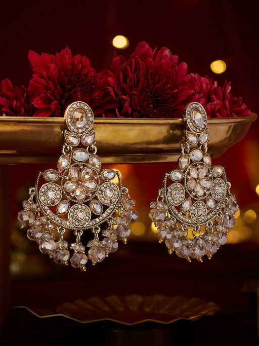 Zaveri Pearls Gold Tone Dazzling Beige Stones Beads Chandbali Earrings
