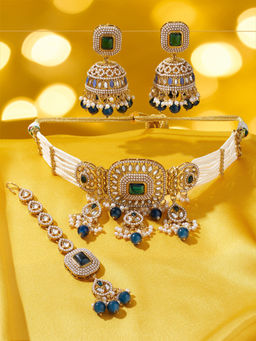 Zaveri Pearls - Blue Stone Multistrand Choker Jewellery Set